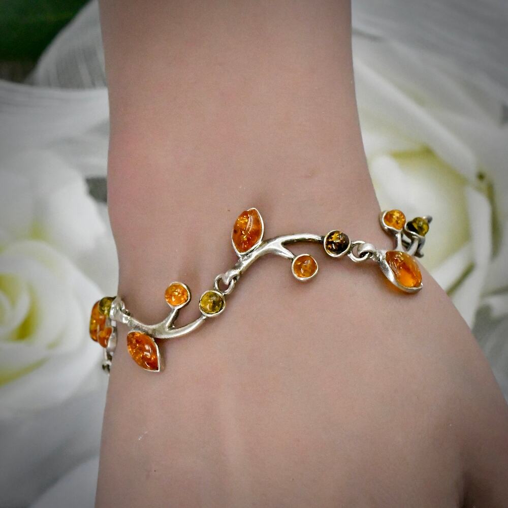 Vintage 925 Sterling Silver Baltic Amber Leaf Link Bracelet 7" 11.65g